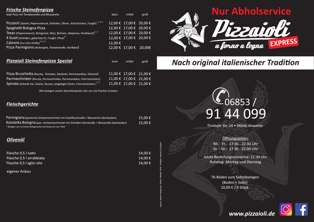 Speisekarte Außenseite: Pizzaioli-Spezialpizzen, Steinofenpizza Spezial, Fleischgerichte, Olivenöl sowie Telefonnummer, Adresse und Öffnungszeiten